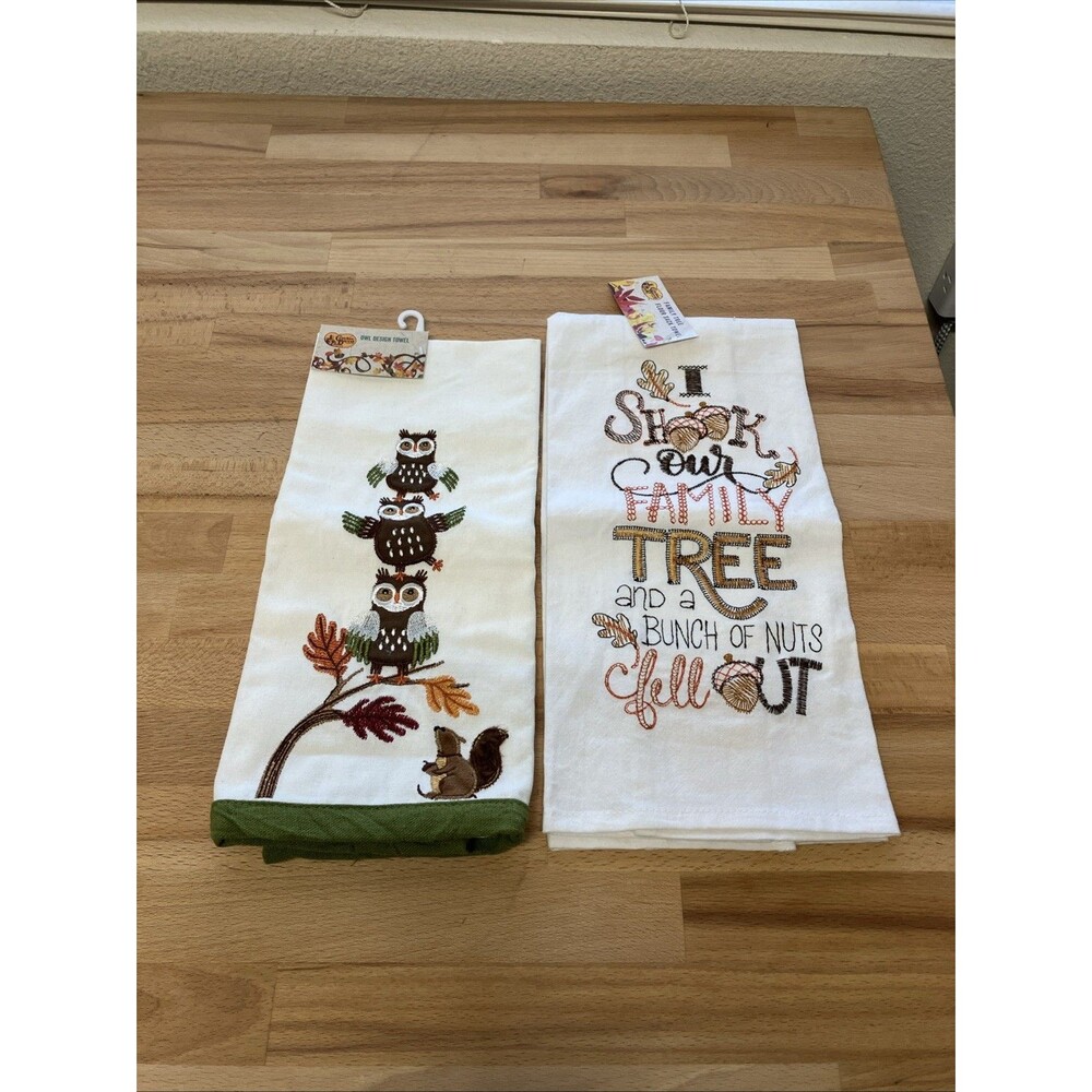 Cracker Barrel Embroidered Dish Towel & Flour Sack Family Nuts Owl Squirrel Lot